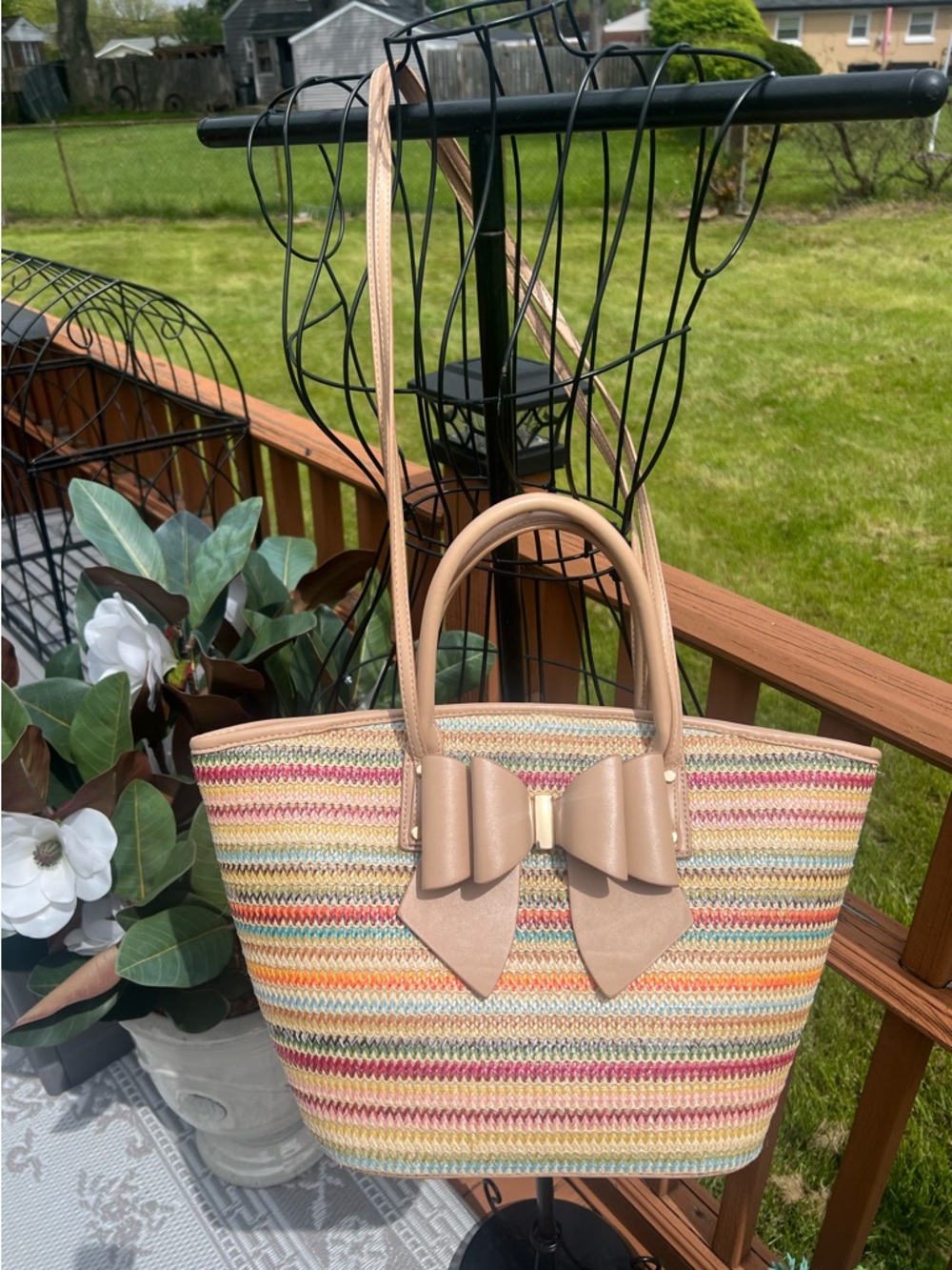 LIKE DREAMS Woven Straw Crossbody Tote Bag - Colorful Stripes & Front Bowtie
